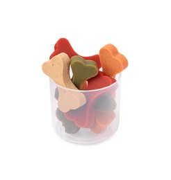 Photo of Bone shaped vitamins for pets in plastic container isolated on white