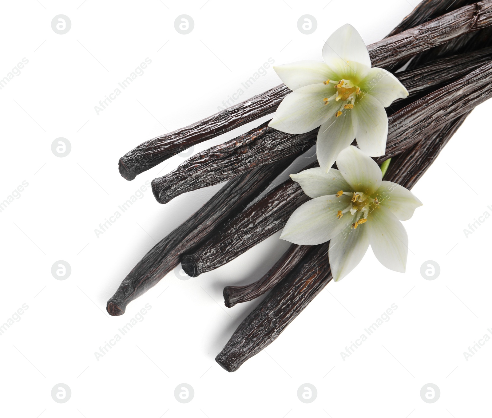 Photo of Vanilla pods and flowers isolated on white, top view