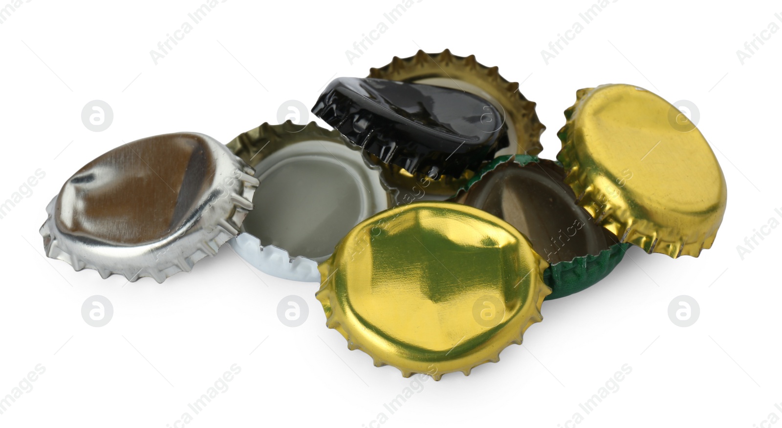 Photo of Group of different beer bottle caps isolated on white