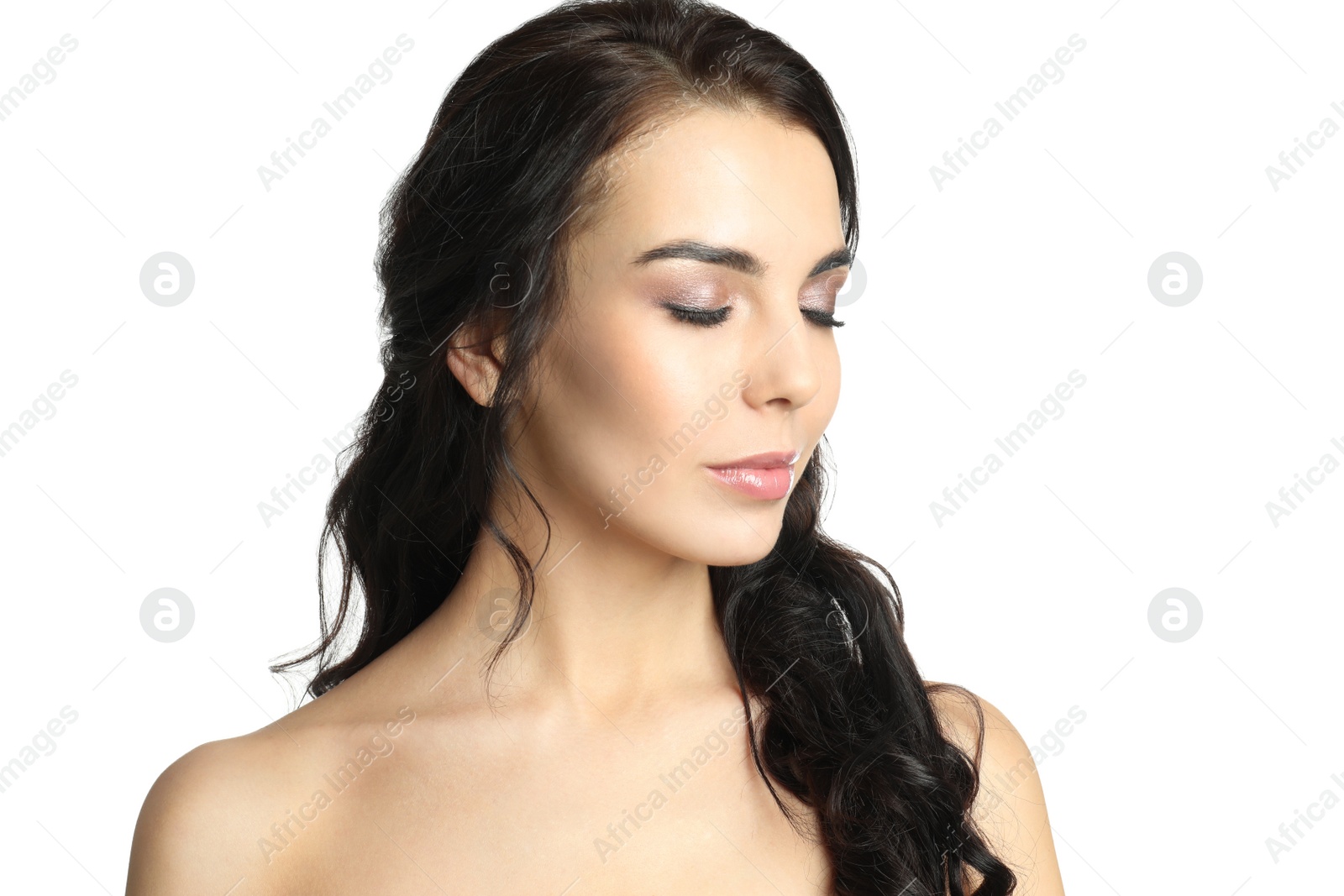 Photo of Portrait of beautiful woman with long hair on white background