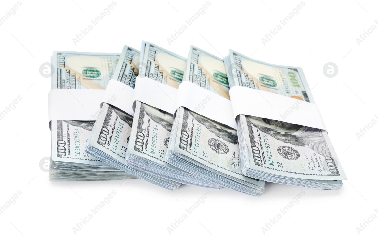 Photo of Bundles of dollar banknotes on white background. American national currency