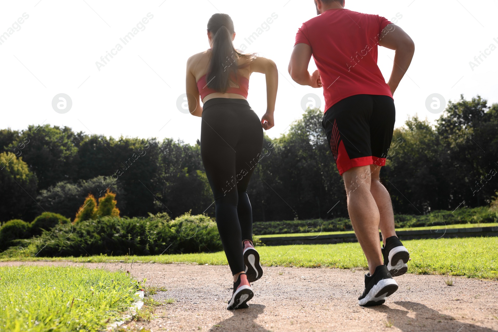 Photo of Healthy lifestyle. Couple running in park on sunny day, low angle view