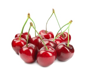 Heap of ripe sweet cherries on white background