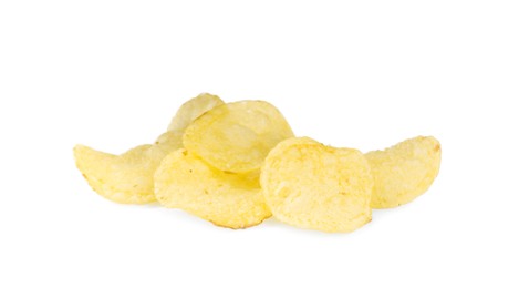 Heap of delicious potato chips on white background