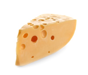 Photo of Piece of delicious cheese on white background