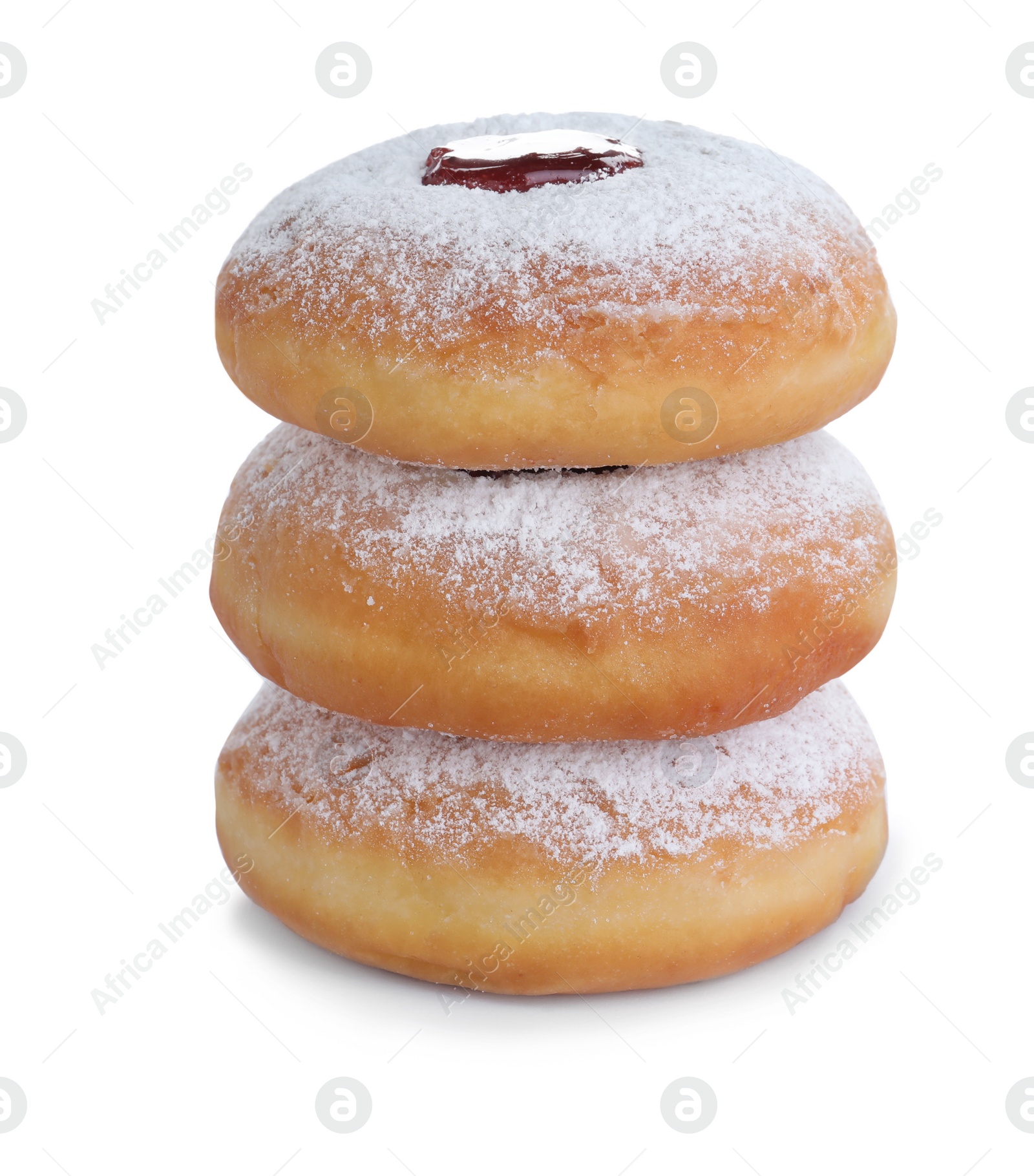 Photo of Hanukkah doughnuts with jelly and sugar powder on white background