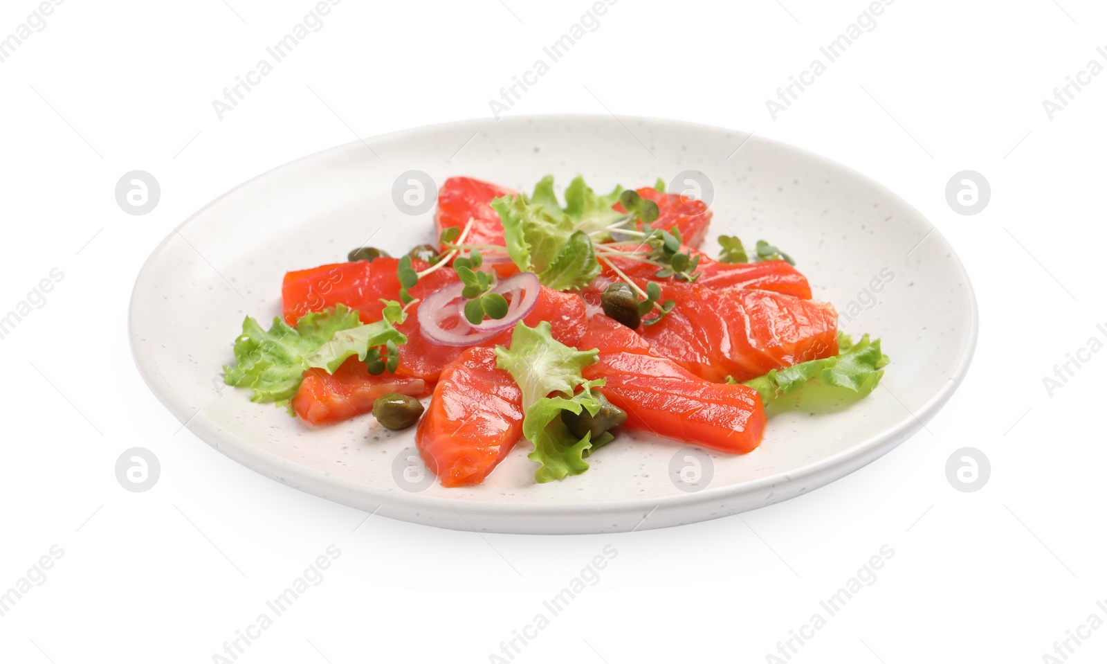 Photo of Salmon carpaccio with capers, lettuce, microgreens and onion isolated on white