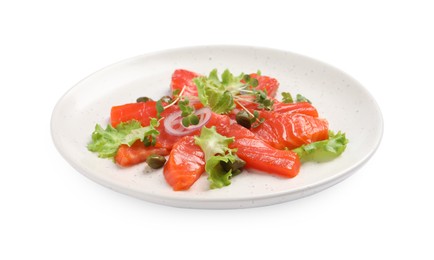 Photo of Salmon carpaccio with capers, lettuce, microgreens and onion isolated on white