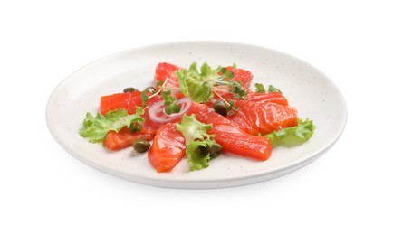 Salmon carpaccio with capers, lettuce, microgreens and onion isolated on white