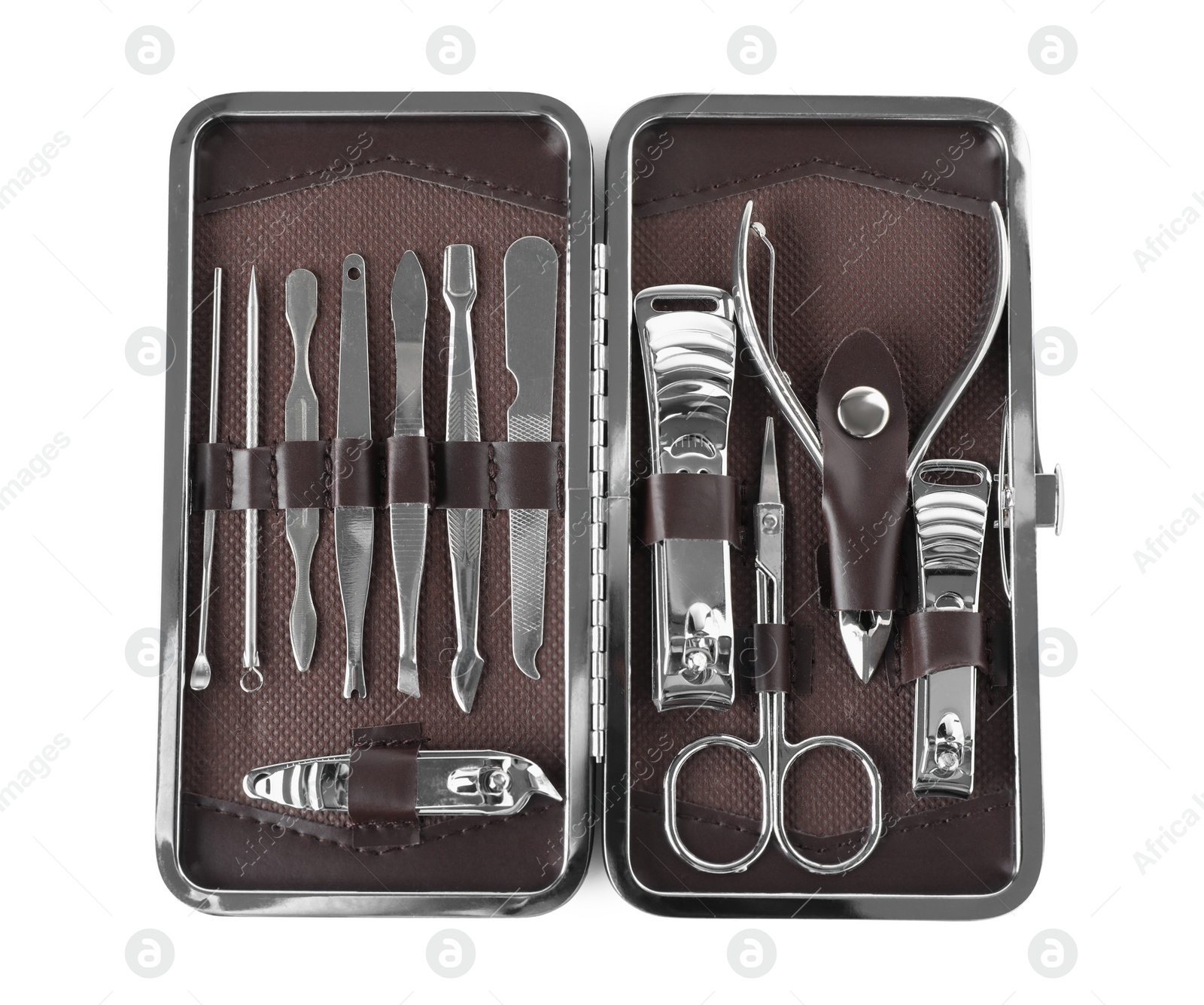 Photo of Manicure set in case isolated on white, top view