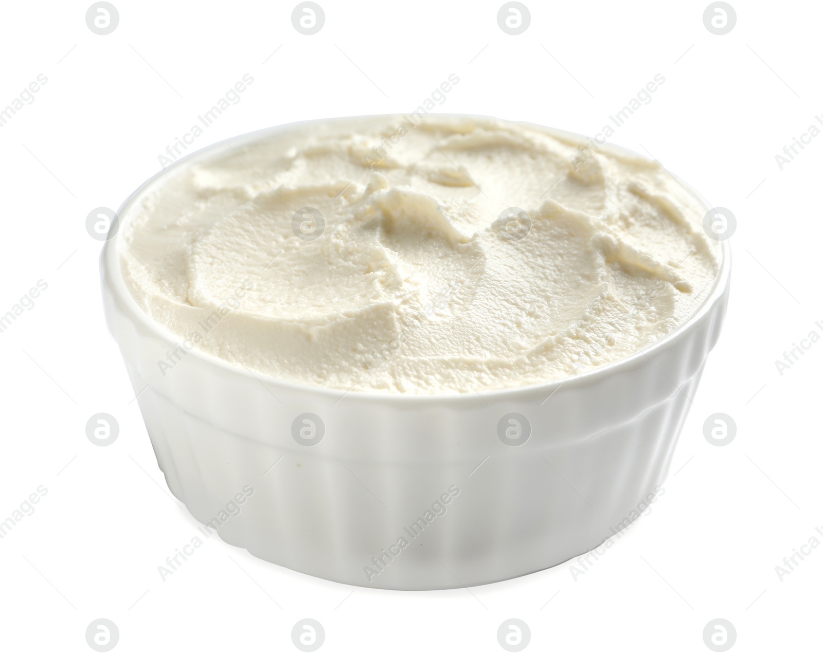 Photo of Bowl of tasty cream cheese on white background