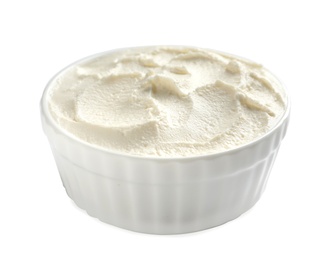 Bowl of tasty cream cheese on white background