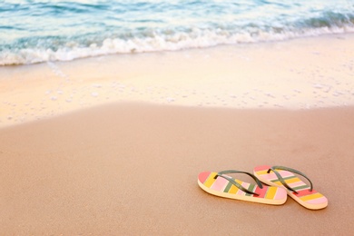 Photo of Stylish flip flops on sand near sea, space for text. Beach accessories