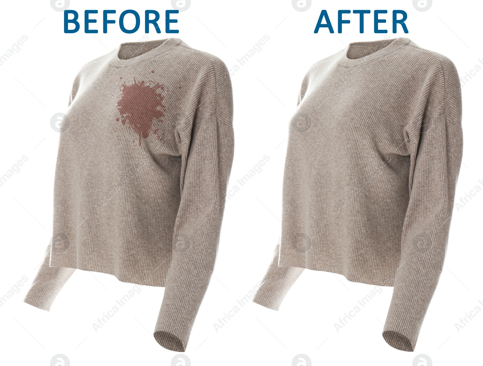 Image of Stylish sweater before and after dry-cleaning on white background