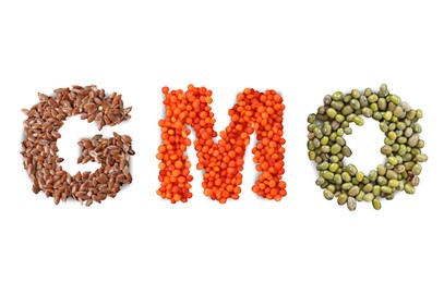 Abbreviation GMO made of different seeds on white background