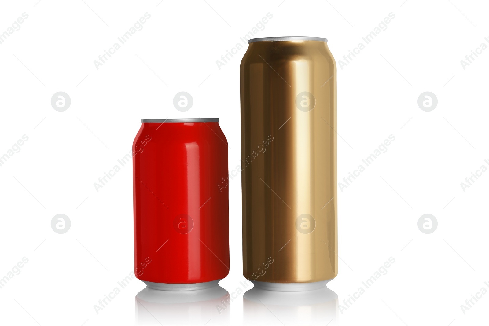 Photo of Aluminum cans with drinks on white background