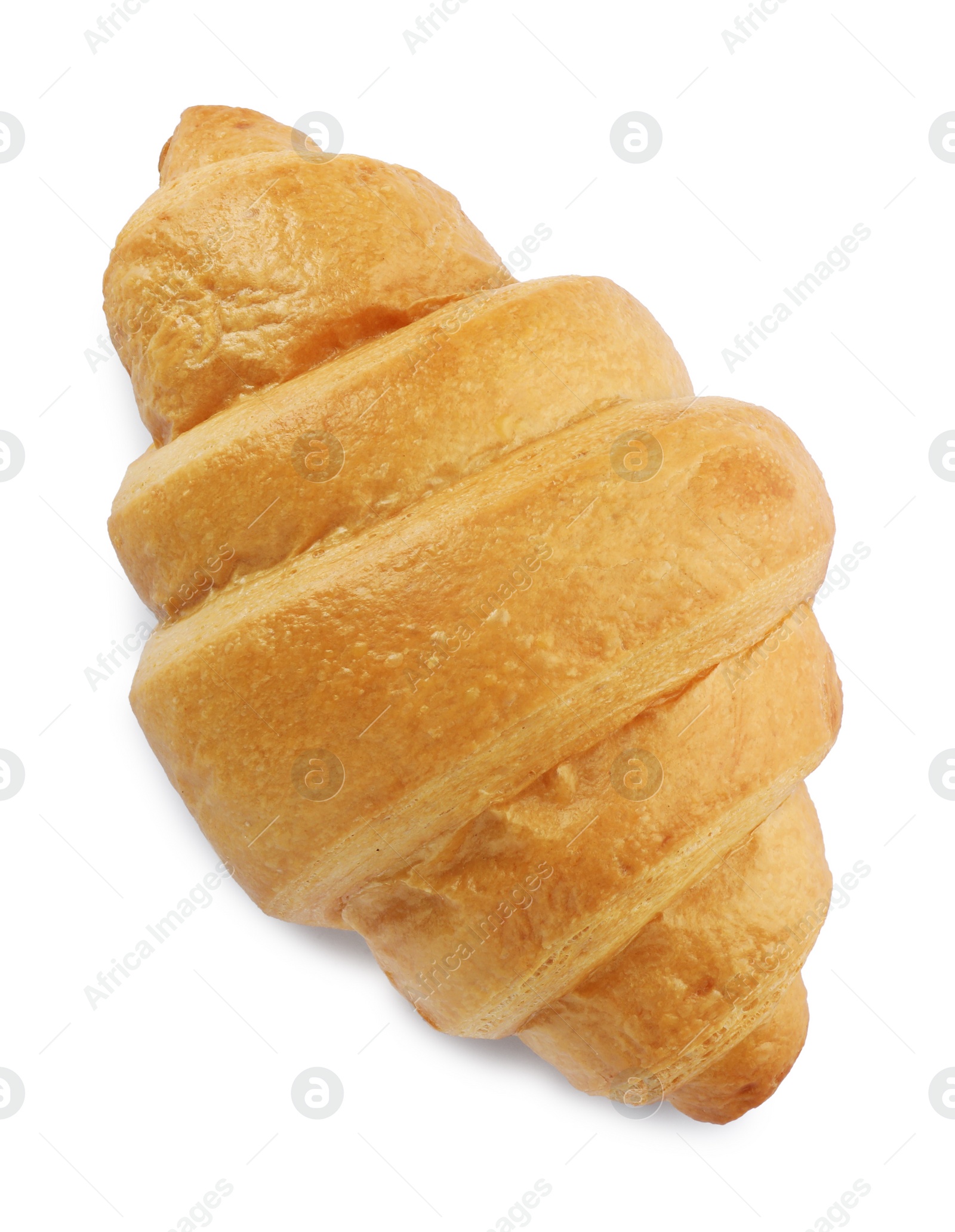 Photo of One delicious fresh croissant isolated on white, top view