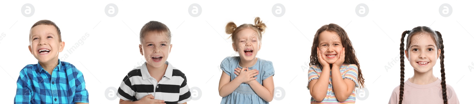 Image of Collage with portraits of happy children on white background