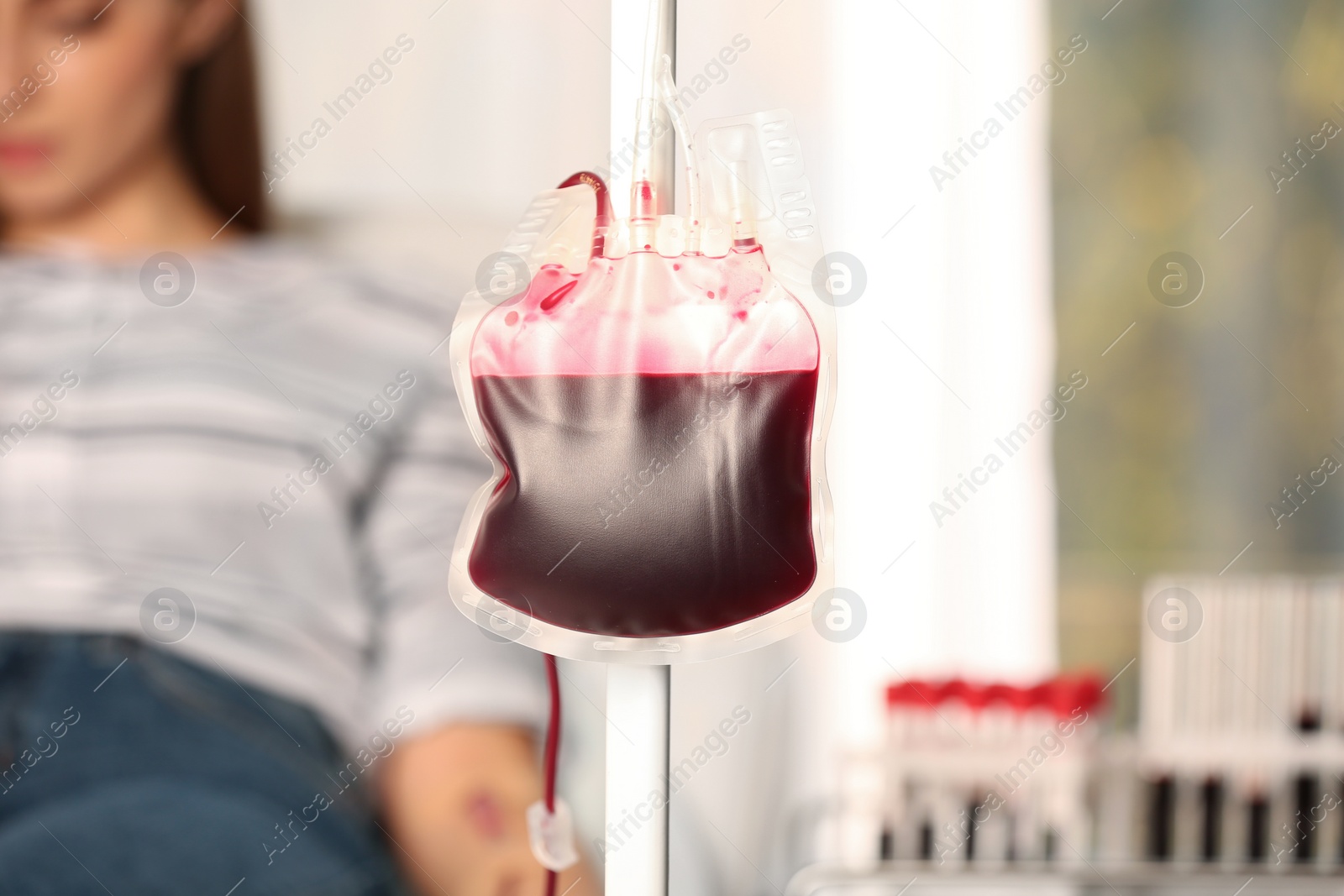 Photo of Blood donation pack hanging on dropper stand at hospital