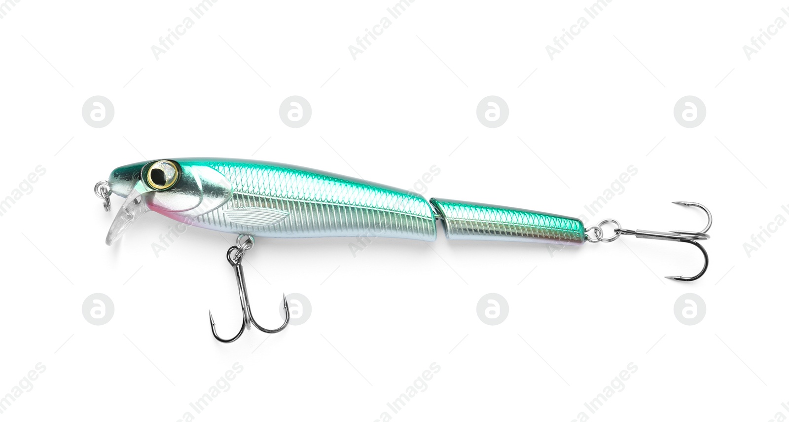 Photo of Fishing lure on white background, top view. Artificial bait