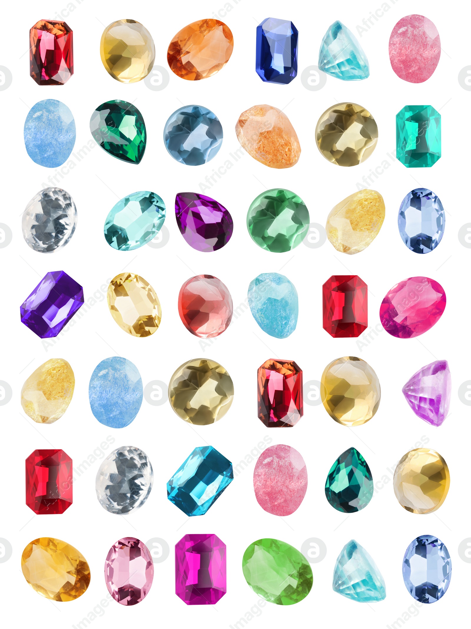 Image of Set of different shiny gemstones for jeweler isolated on white