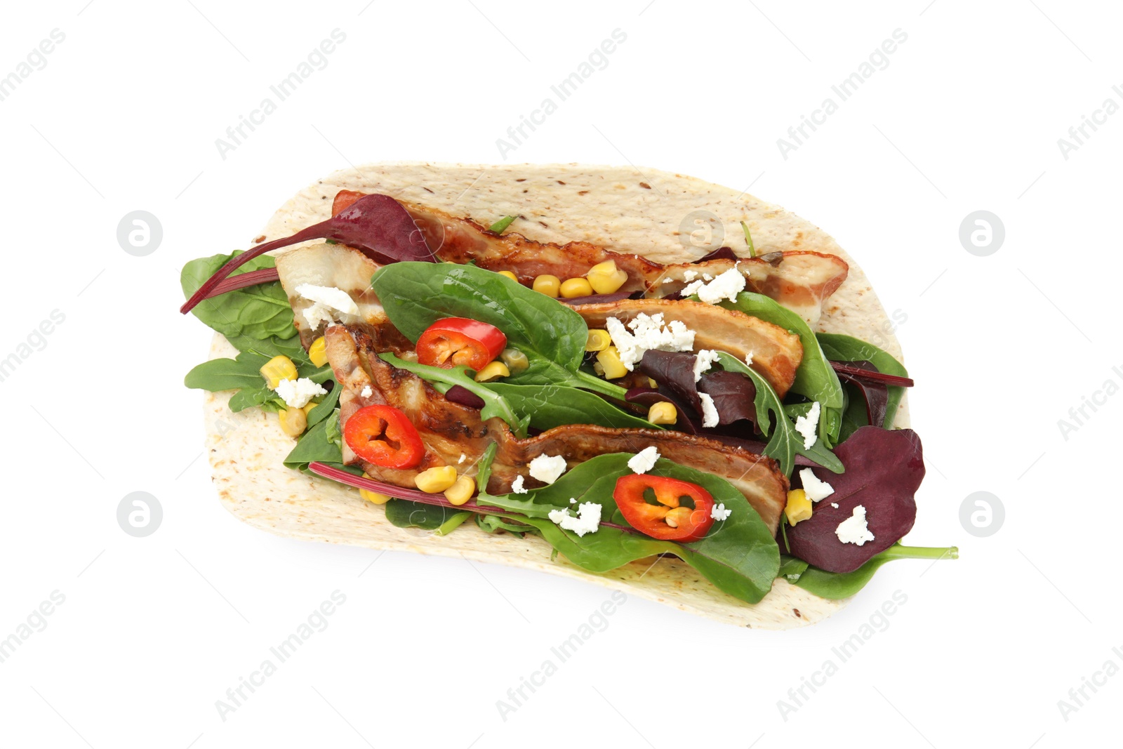 Photo of Delicious taco with fried bacon, vegetables and cheese on white background, top view