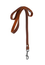 Photo of Brown leather dog leash isolated on white