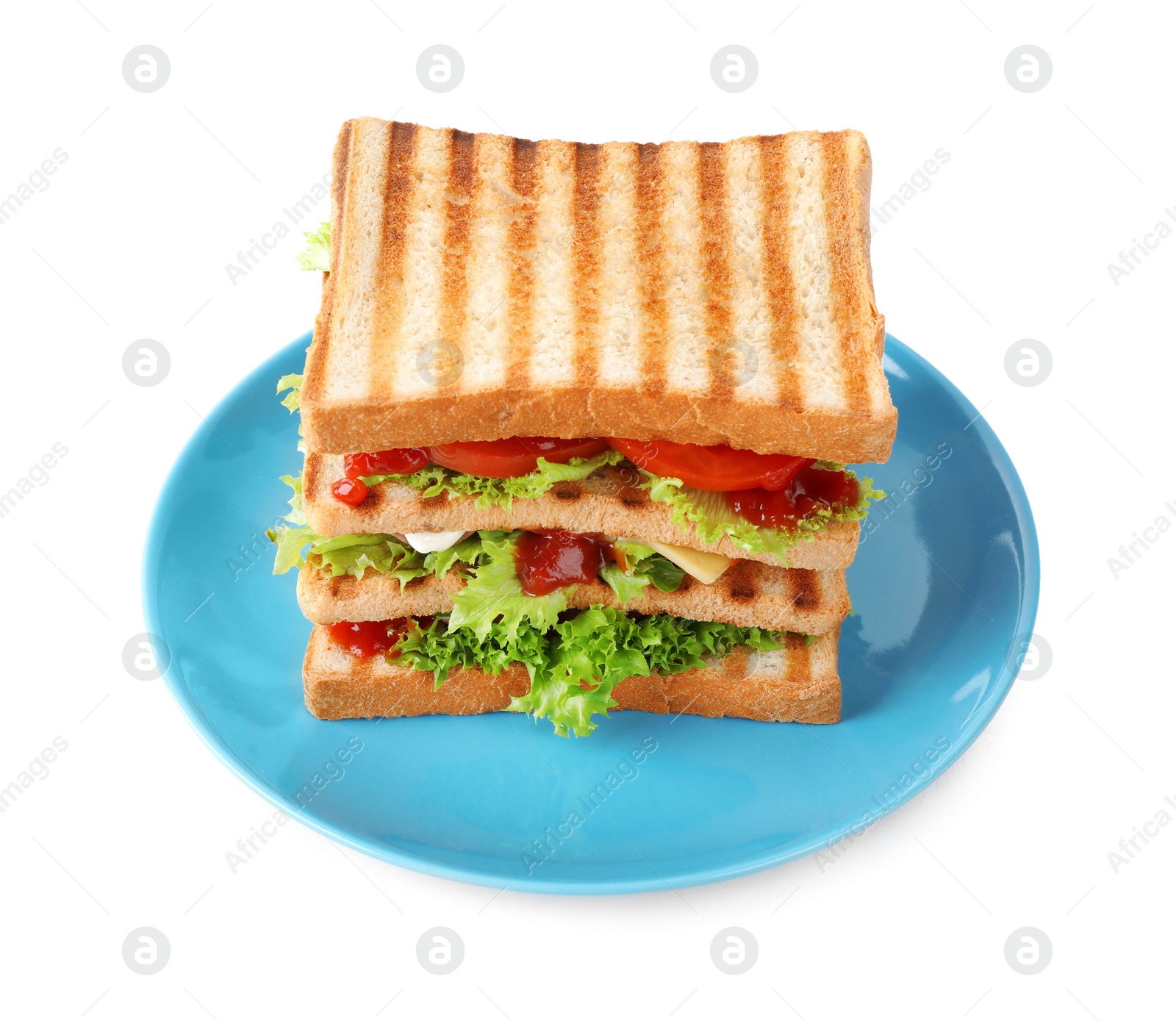 Photo of Yummy sandwich with toasted bread isolated on white