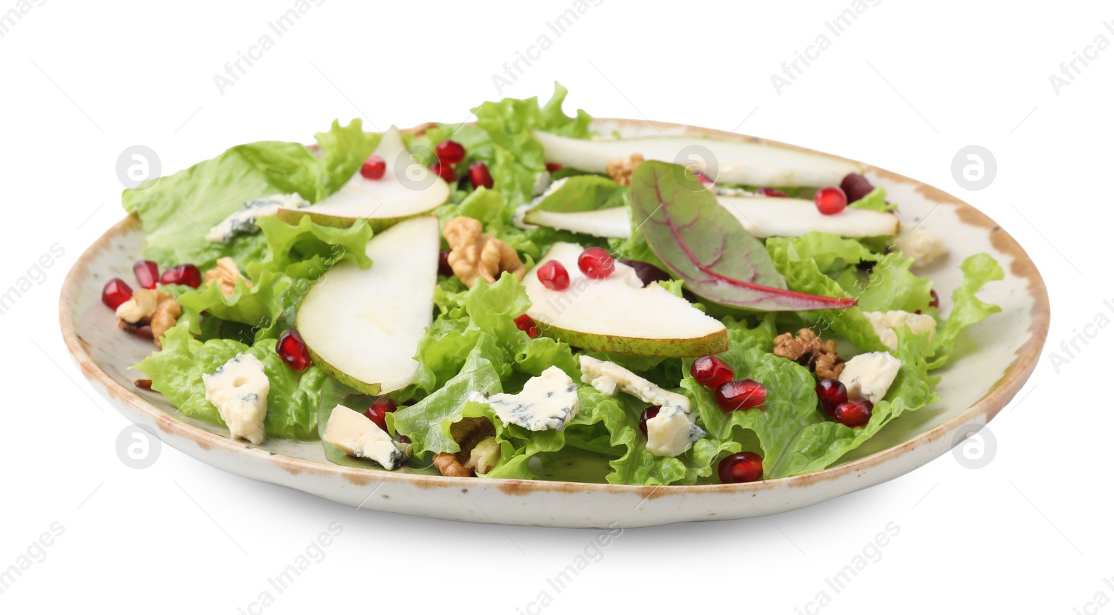 Photo of Delicious pear salad with walnuts, blue cheese and pomegranate isolated on white