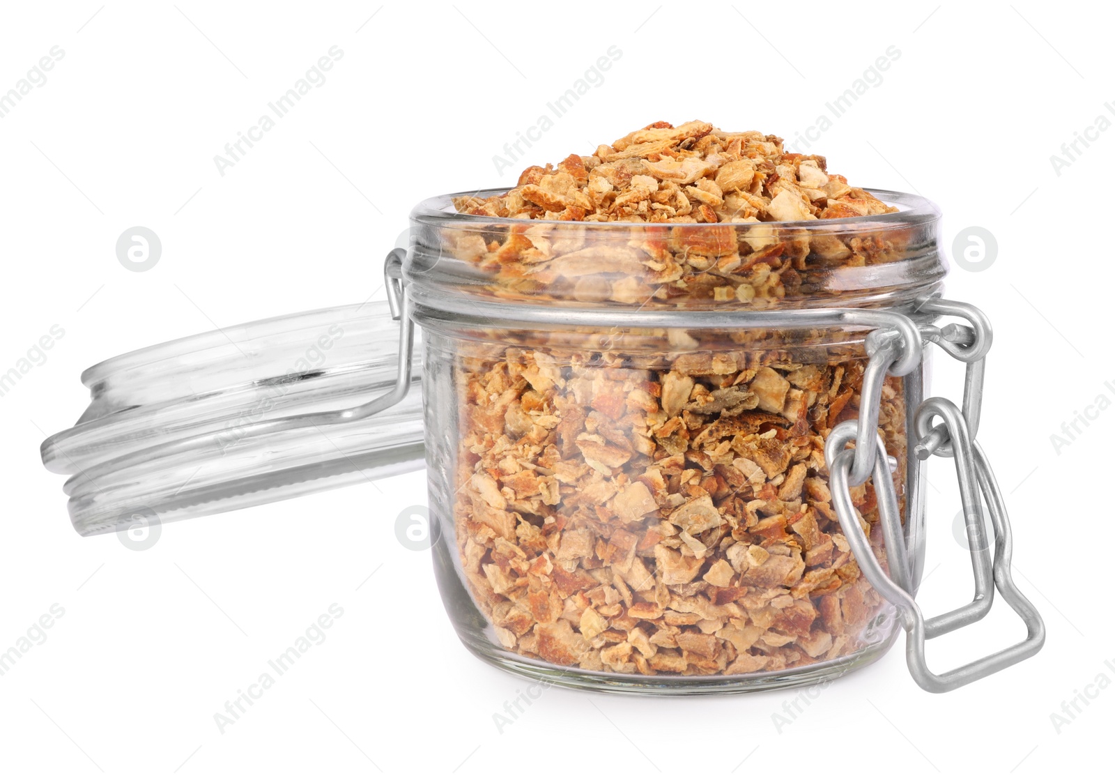 Photo of Dried orange zest seasoning in jar isolated on white