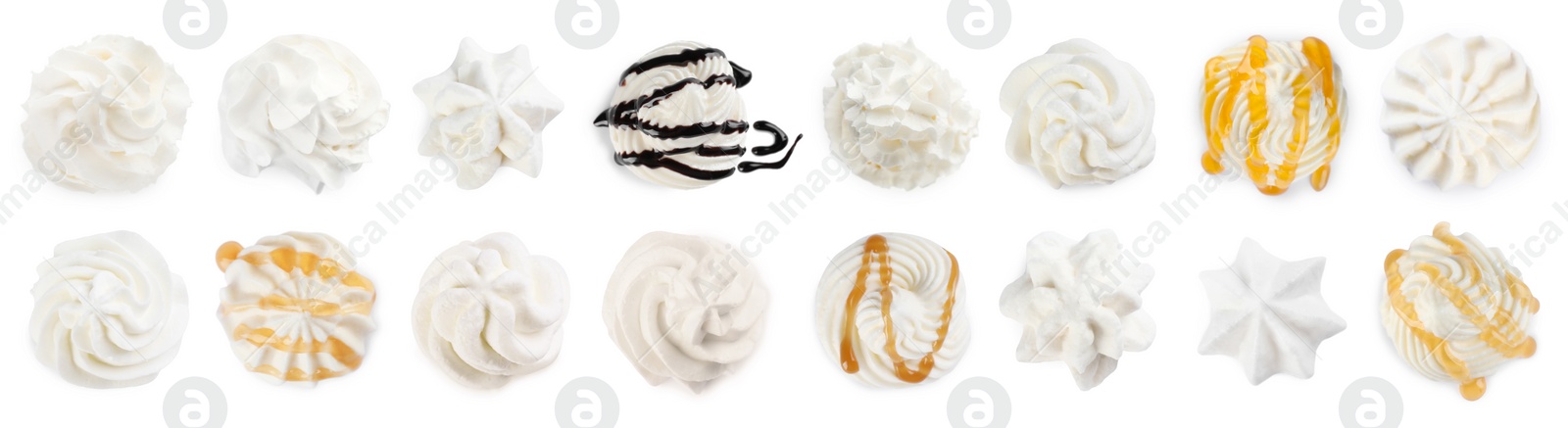 Image of Set with delicious fresh whipped cream on white background, top view. Banner design