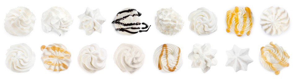 Image of Set with delicious fresh whipped cream on white background, top view. Banner design