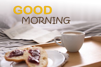 Image of Good Morning! Cup of coffee and sandwiches on tray in bedroom