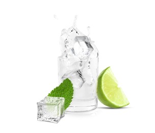 Image of Shot of vodka with ice and lime on white background