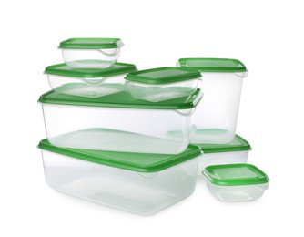 Photo of Set of empty plastic containers for food on white background