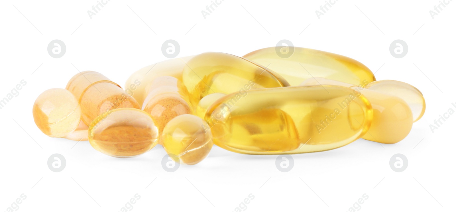 Photo of Many different vitamin capsules isolated on white
