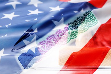 Image of Visa to United States of America, multiple exposure with national flag of USA