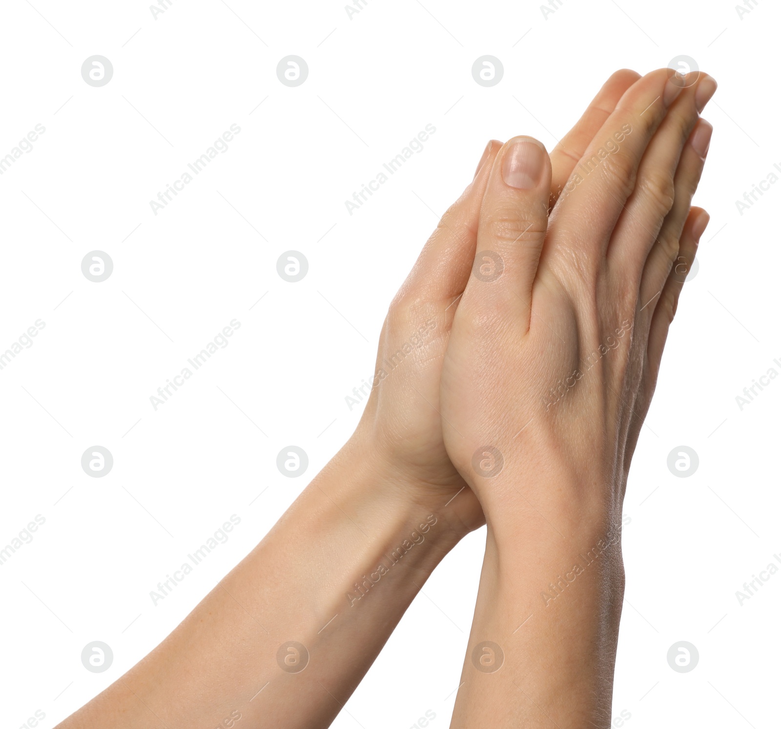 Photo of Religion. Christian woman praying on white background, closeup