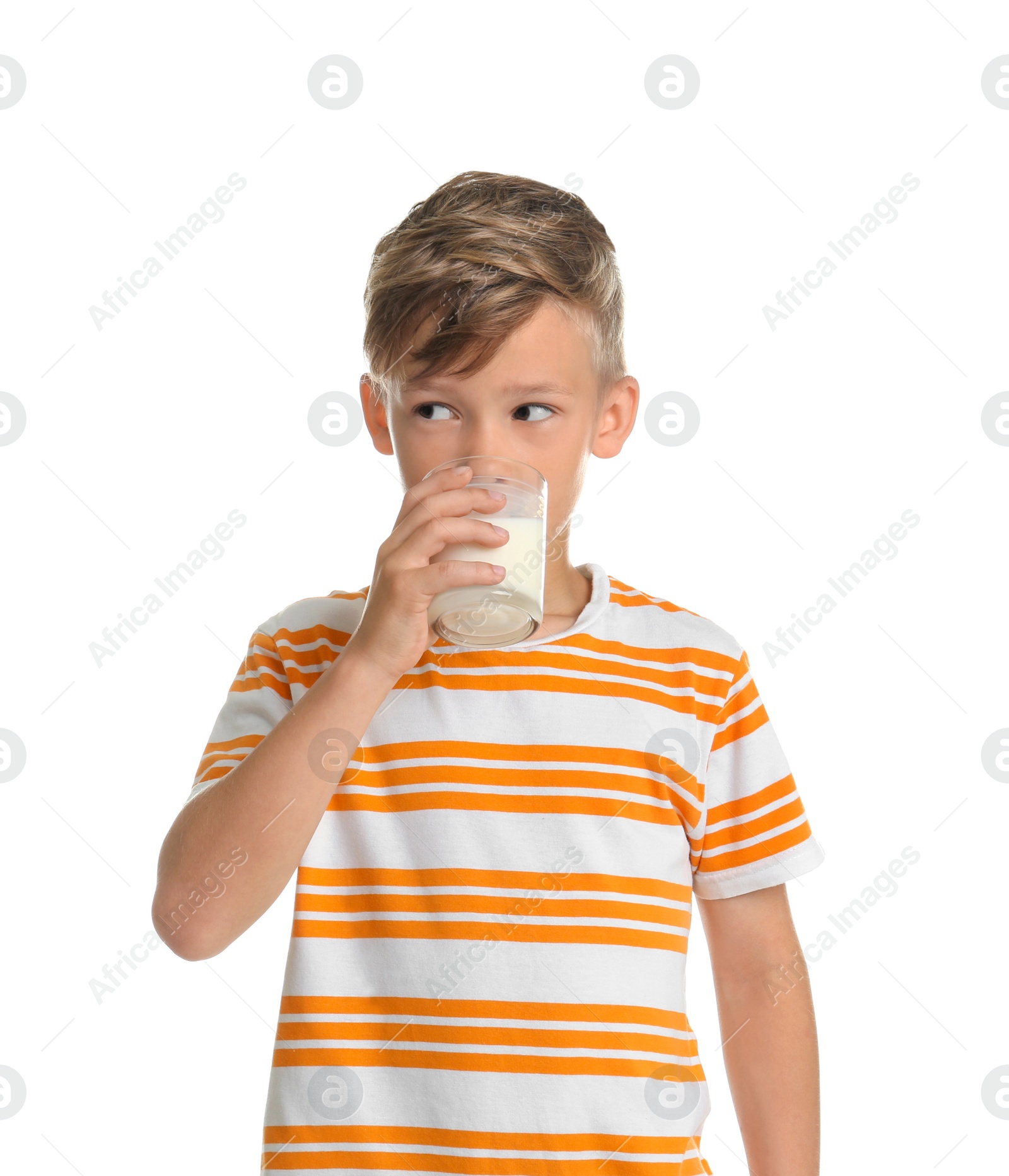 Photo of Adorable little boy with glass of milk on white background