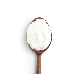 Wooden spoon with sour cream on white background, top view