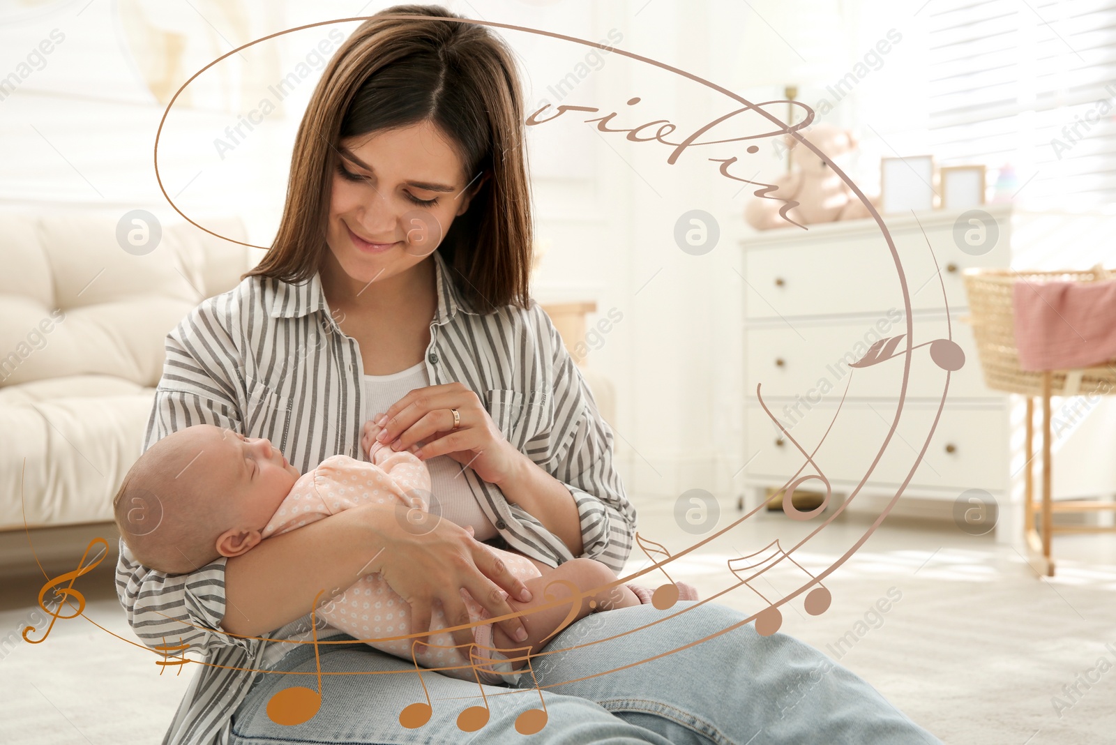 Image of Mother singing lullaby to her baby at home. Music notes illustrations flying around woman and child