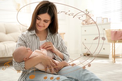 Mother singing lullaby to her baby at home. Music notes illustrations flying around woman and child