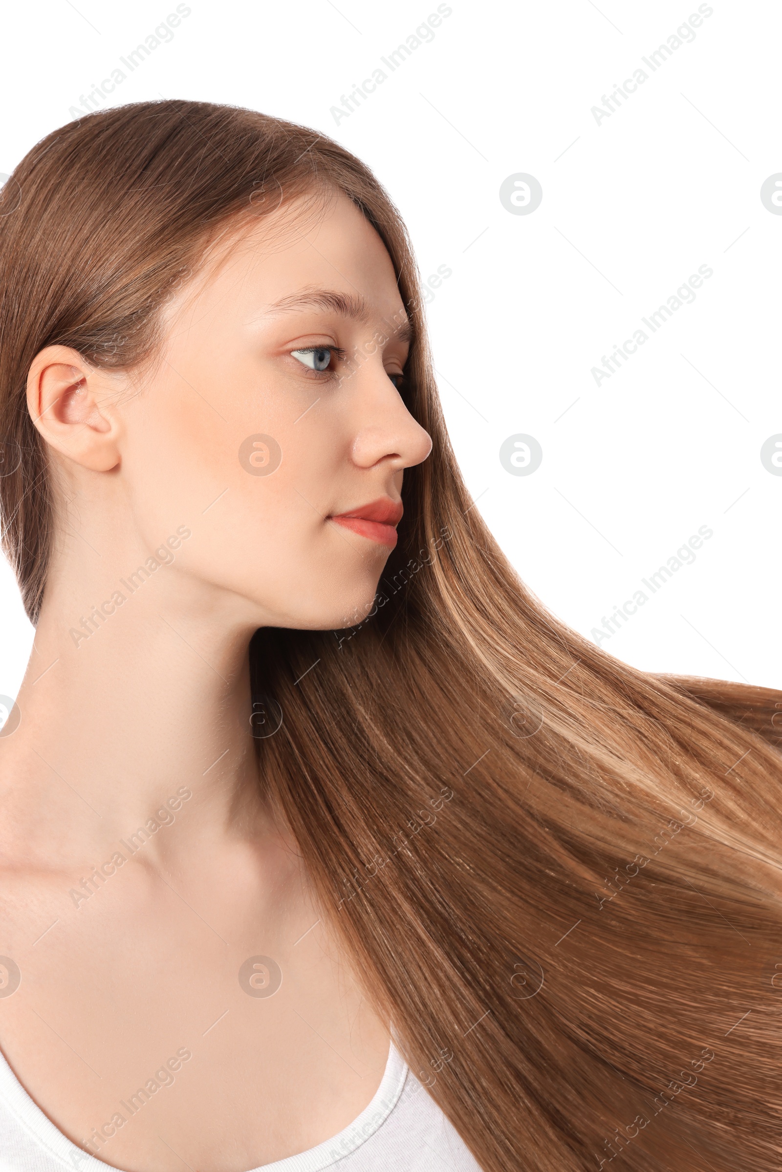 Photo of Teenage girl with strong healthy hair on white background