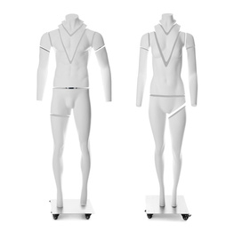 Set of ghost headless mannequins with removable pieces on white background