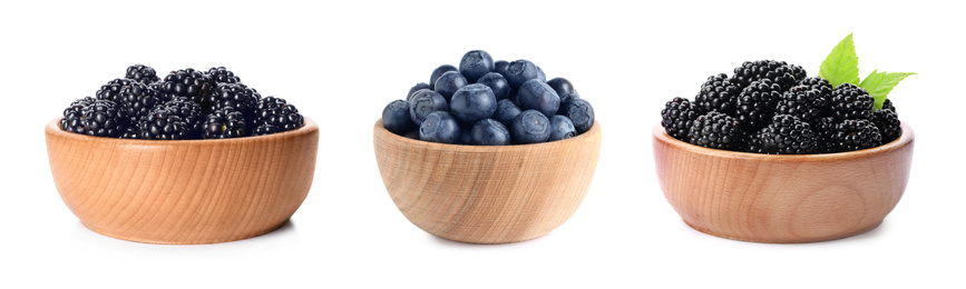 Set of bowls with different fresh berries on white background. Banner design