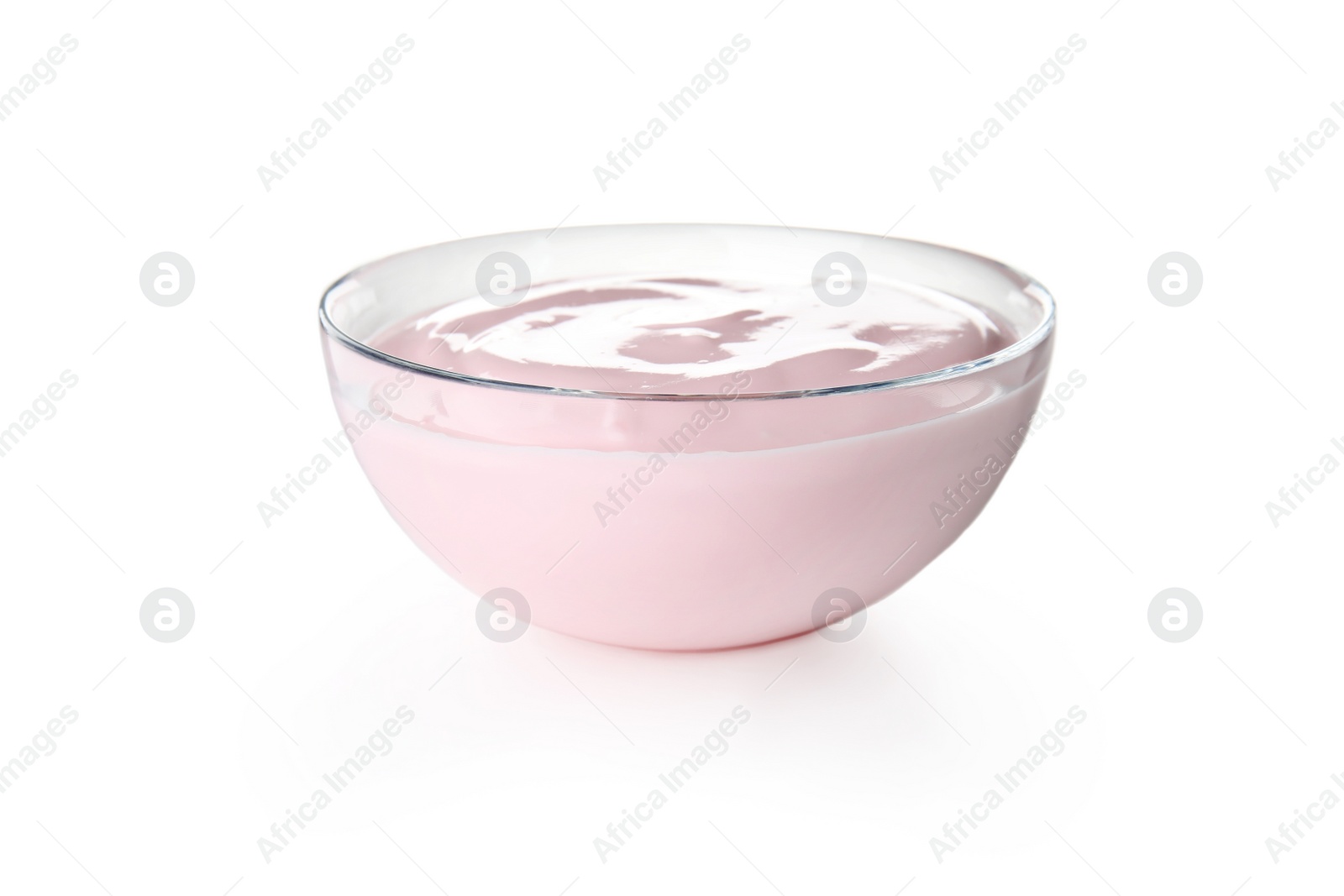 Photo of Glass bowl with creamy yogurt on white background