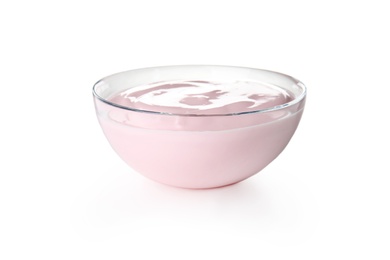 Photo of Glass bowl with creamy yogurt on white background