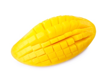 Fresh juicy mango half on white background, top view