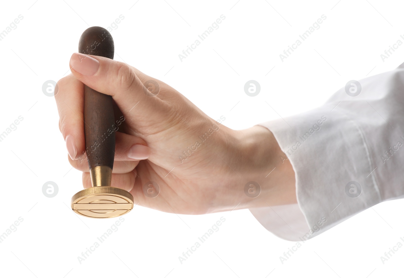 Photo of Man holding wooden stamp on white background, closeup