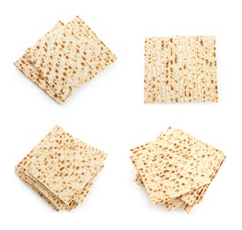 Set with Passover matzos on white background, top view. Pesach celebration